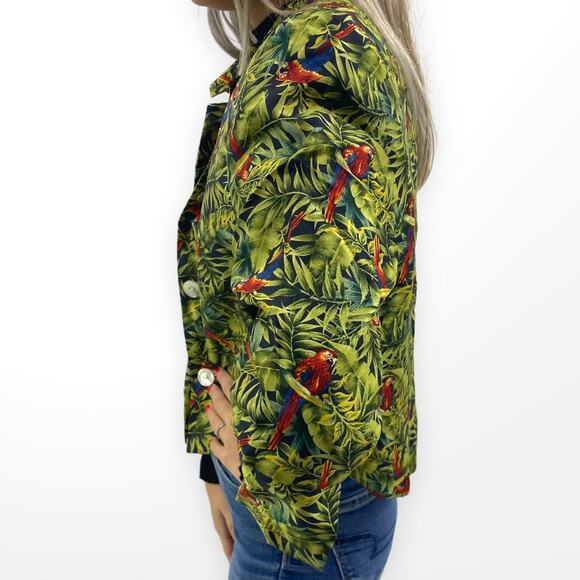 90s HARVE BENARD COLLECTION Vintage Silk Tropical Print Button Up Jacket - Picture 2 of 6